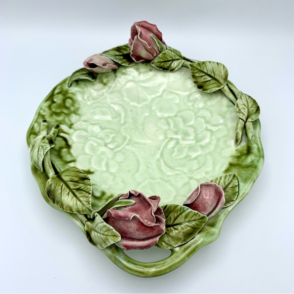 Vintage Majolica Pottery Platter 12” Green Leaves Pink Capodimonte Raised Roses - Picture 5 of 16